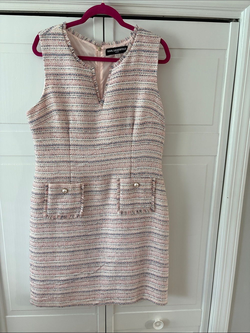 Karl Lagerfeld Blush Multicolor Tweed Sleeveless Shift Dress-size 14